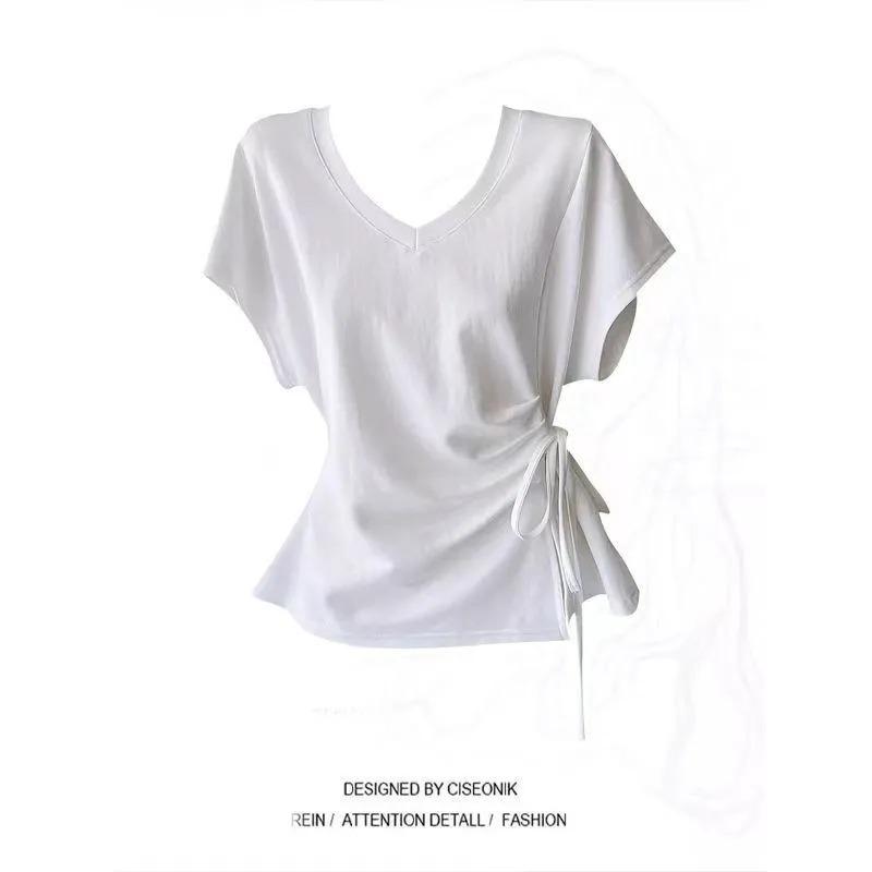 Хлопок Большой Размер Рукава Летучая Мышь Завязывается на Талии Дизайн V-образный Вырез Короткий Рукав Футболка для Женщин Лето Корейские Топы 2XL белый