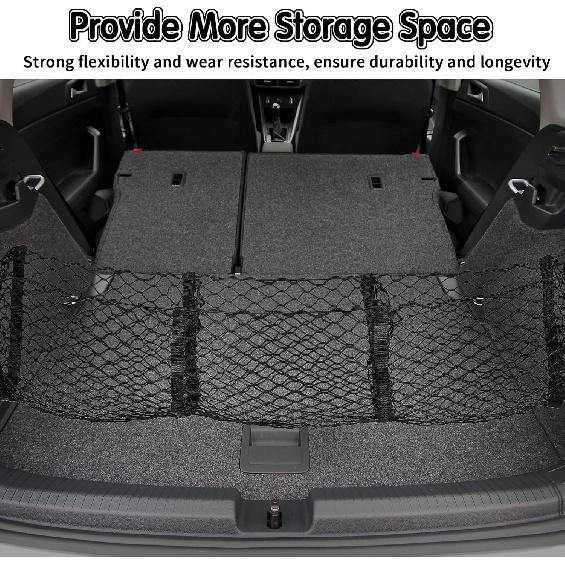 Tallew Cargo Net 3 Pocket Trunk Organizer Stretchable Trunk Mesh Cargo Net with Hooks Screws Buttonholes Black Mesh Trunk Grocery Storage Bag for
