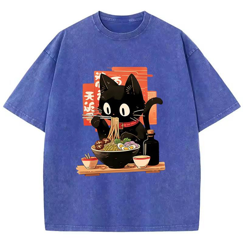 Streetwear T-Shirt Vintage Gewaschenes Baumwoll-T-Shirt Schwarz Ramen Katze Japanischer Anime-Stil Grafik-T-Shirt Lässig Frühling Sommer