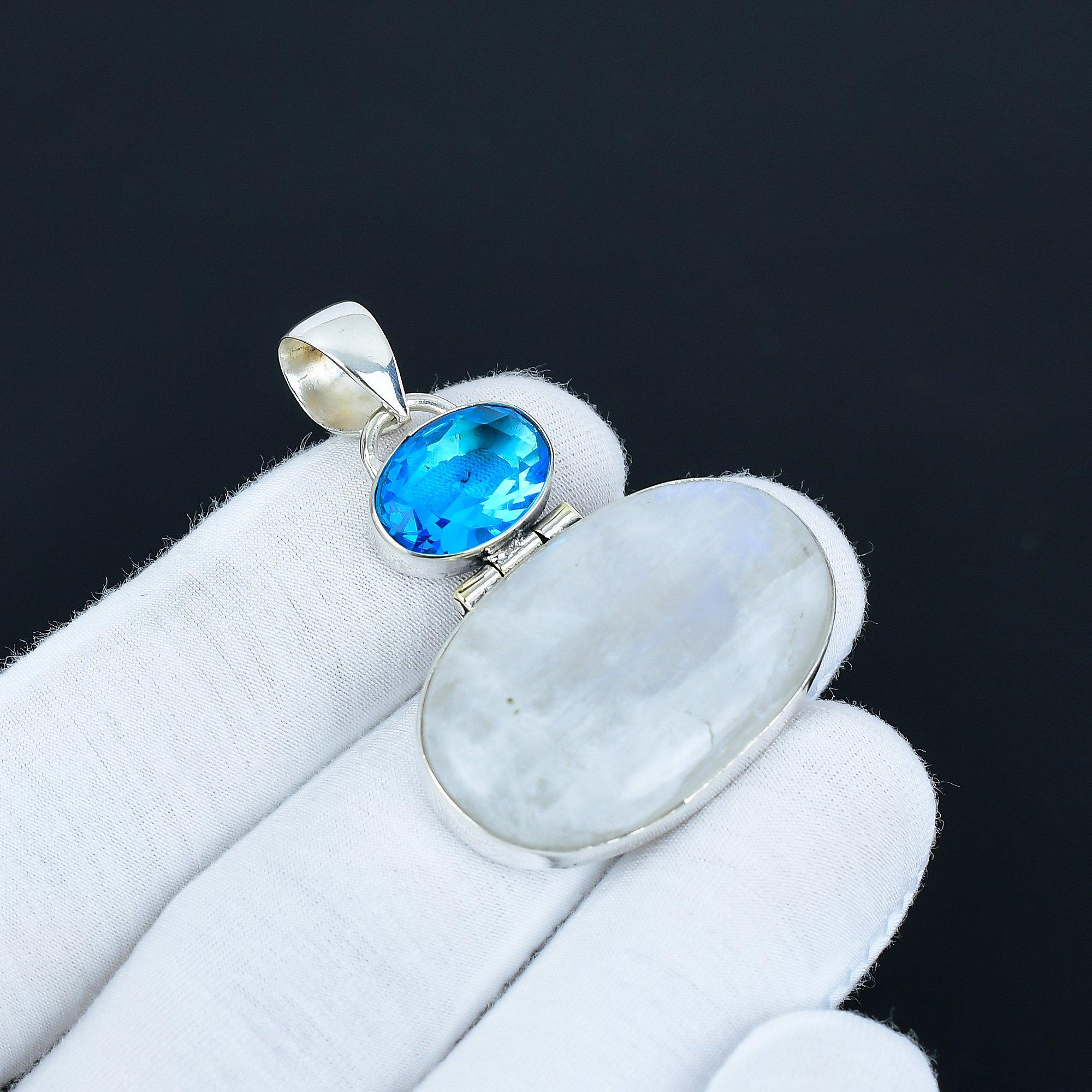 

Natural Rainbow Moonstone Pendant 925 Sterling Silver Jewelry – Boho Statement Necklace – Blue Topaz Gemstone Pendant Unique Gifts for Her 6.5 Cm белый