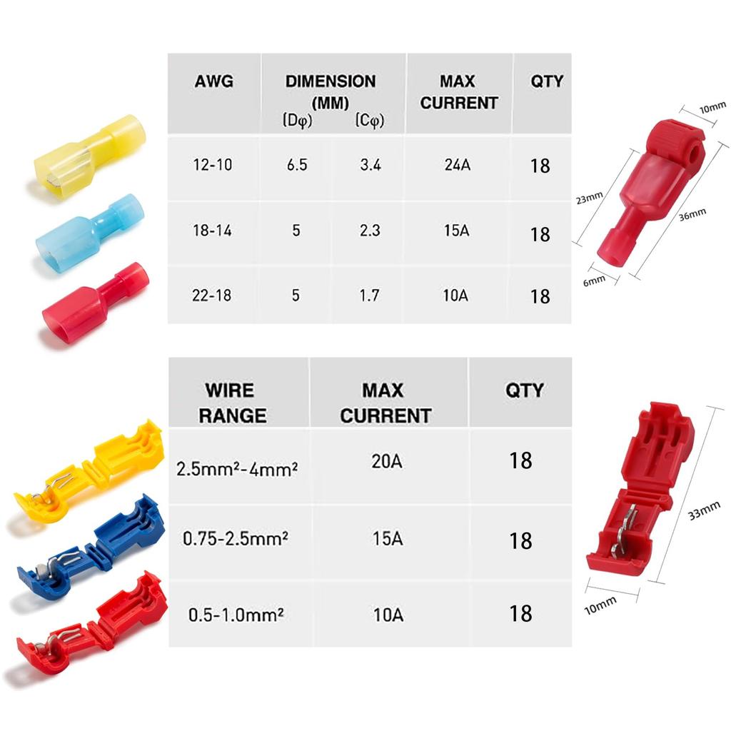 50pairs T Tap Wire Connectors 22-10 AWG Quick Splice Wire Connectors Quick Splice Wire Terminals T-Tap Self-stripping
