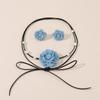 Temperament Blue Flower Pearl Pendant Necklace Earrings Set for Women Trendy Long Bowknot Rope Chain Chokers Party Jewelry Set