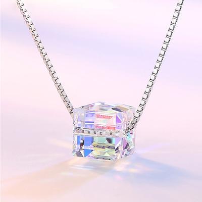 925 Silver Cube Sugar Necklace Aurora Square Clavicle Chain Transfer Cube Chain Ladies Silver Accessories Ins Special-Interest Design Items