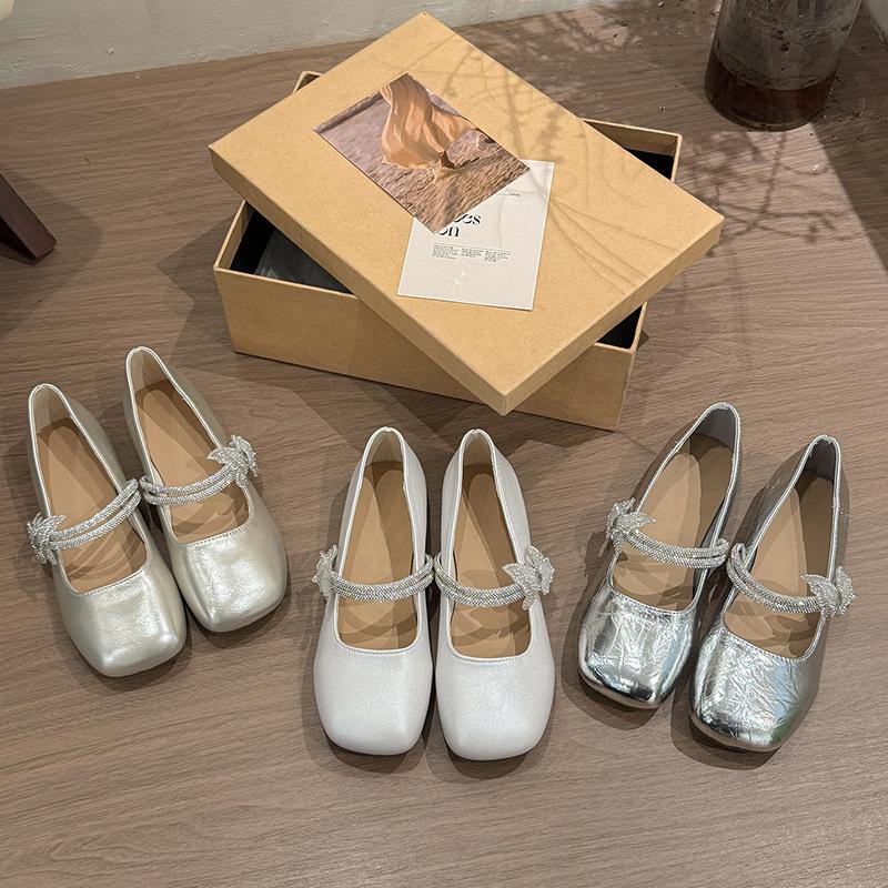 Francouzské baleríny stříbrné dámské 2025 nové letní k sukni Mary Jane malé kožené boty baletní večerní boty