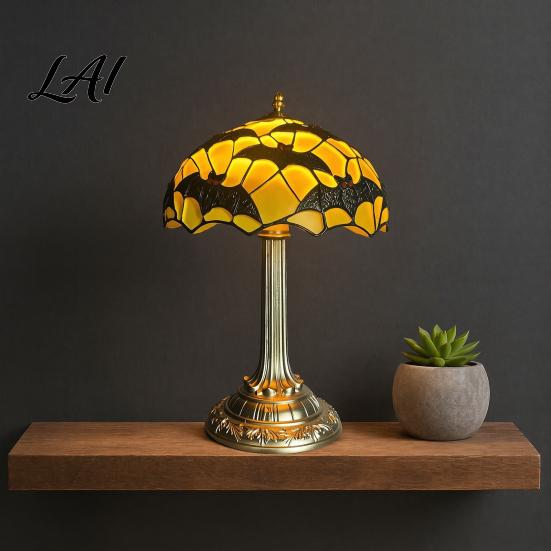 Goth Chic Office Desk Decor Stained Glass Black Bat Table Lamp Vintage Resin Retro Small Decorative Light for Mantel Halloween Gothic Bedside