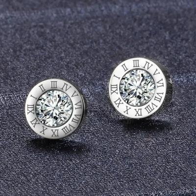 Classic Trend Geometric Circle Crystal Roman Numeral Stud Earrings for Women Temperament Gold Color Stainless Steel Jewelry Gift