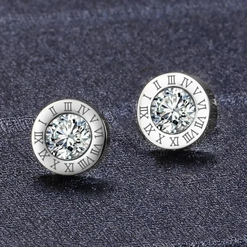 Classic Trend Geometric Circle Crystal Roman Numeral Stud Earrings for Women Temperament Gold Color Stainless Steel Jewelry Gift
