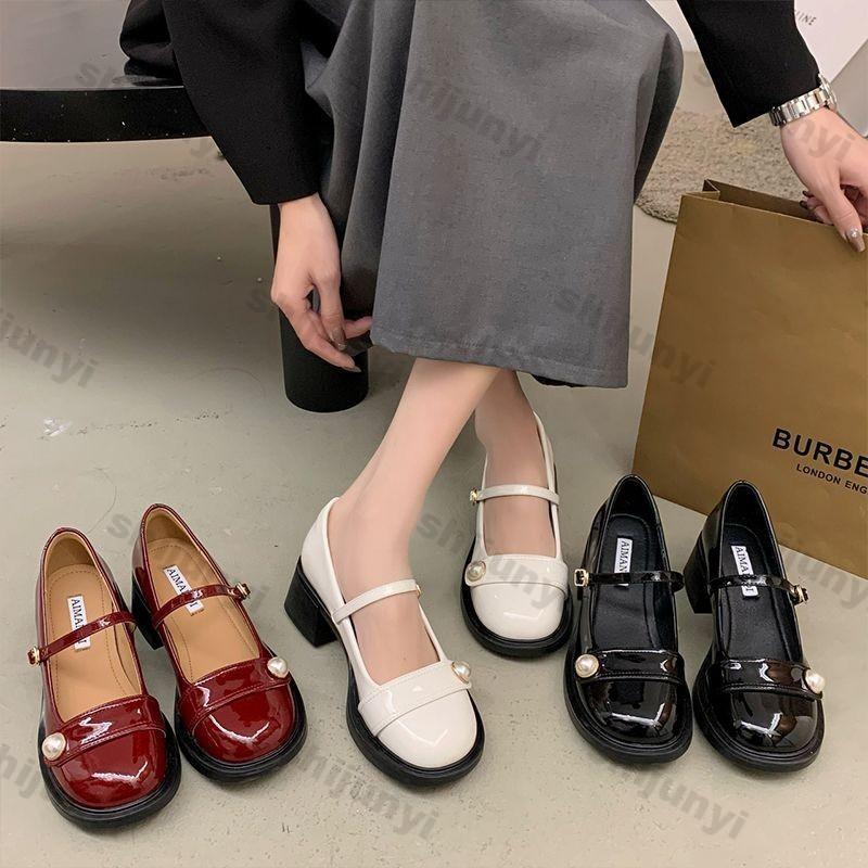 Fashion Women High Heels Mary Jane Shoes New Design Spring Autumn Soft Patent Leather Shoes Female Buckle Round Toe Chunky Single Shoe