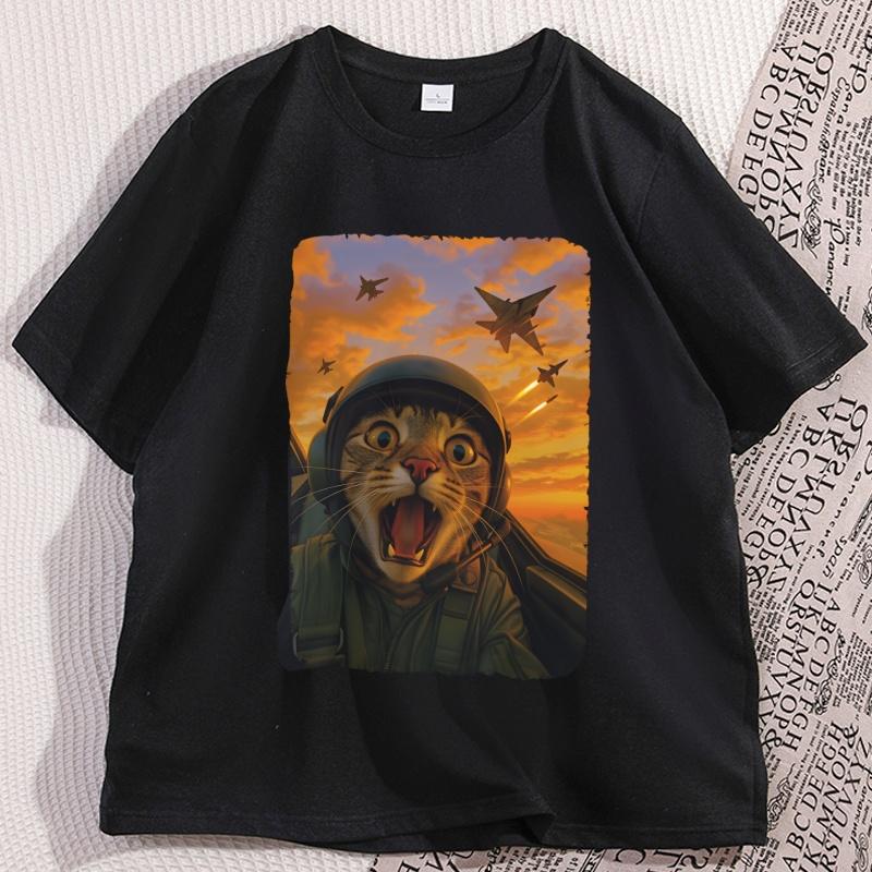 Cat Fighter Pilot T Shirt Funny Cat Selfie Meme Tee Shirt Jet Fighter Cat Tshirt Humor Cotton Short Sleeve Round Neck Tees