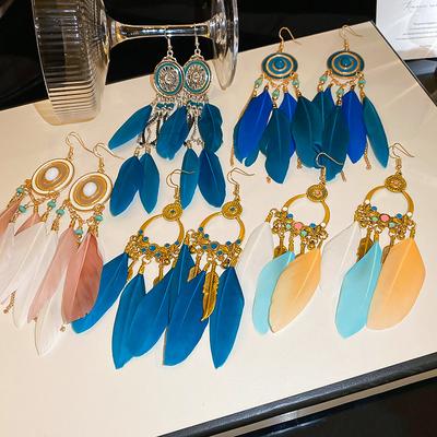 Bohemian Oil Dripping Geometric Feathers Fringed Ear Hooks Earrings Temperament Ethnic Style Earrings