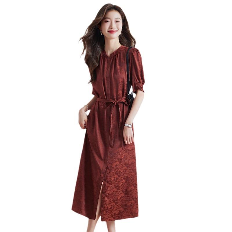 Jacquard dress summer women's clothing round neck split ends fashionable atmosphere thin long dress dress