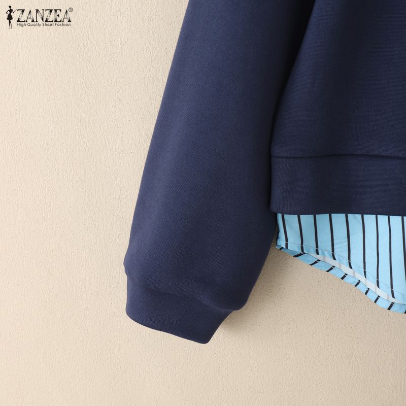 ZANZEA Women Patchwork Casual Turn Down Collar Long Sleeve Pullover Tops Autumn