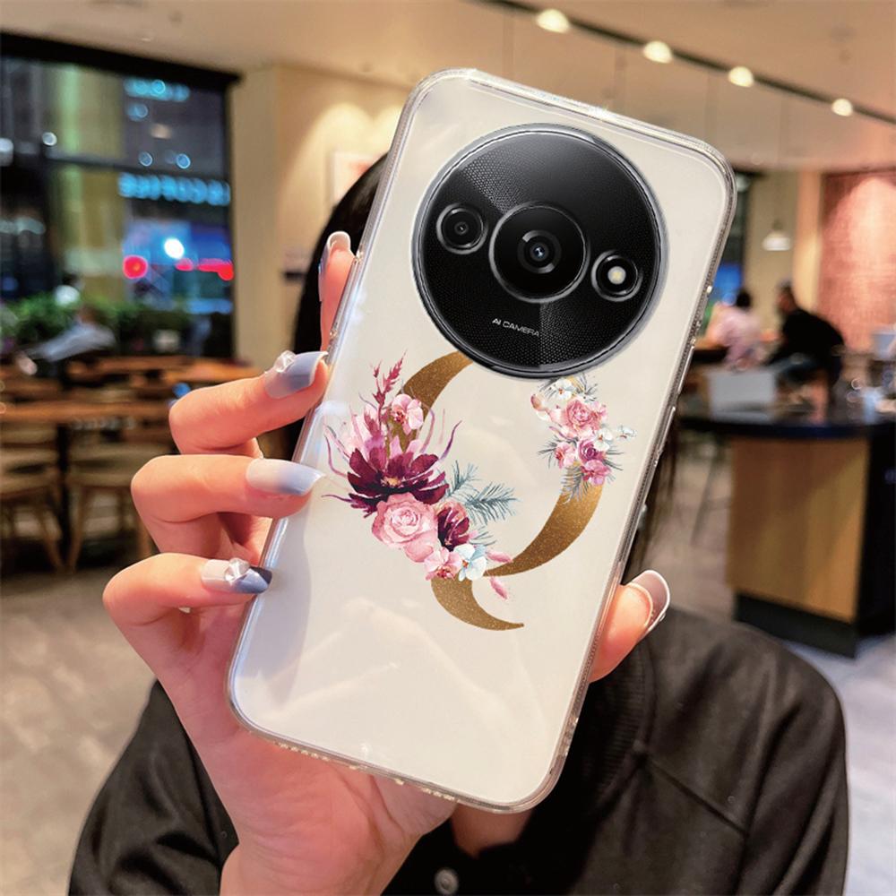 Phone Case For Xiaomi Redmi A3 Redmia3 Transparent Silicone Camera Protection Colorful Flowers Golden Letters A-Z Clear Cover