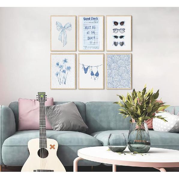 6Pcs Coast Bikini Preppy Canvas Wall Art Blue Shell Bow Coquette Picture Wall Decor Meet Me At The Beach Coastal Granddaughter Poster Print Artwork