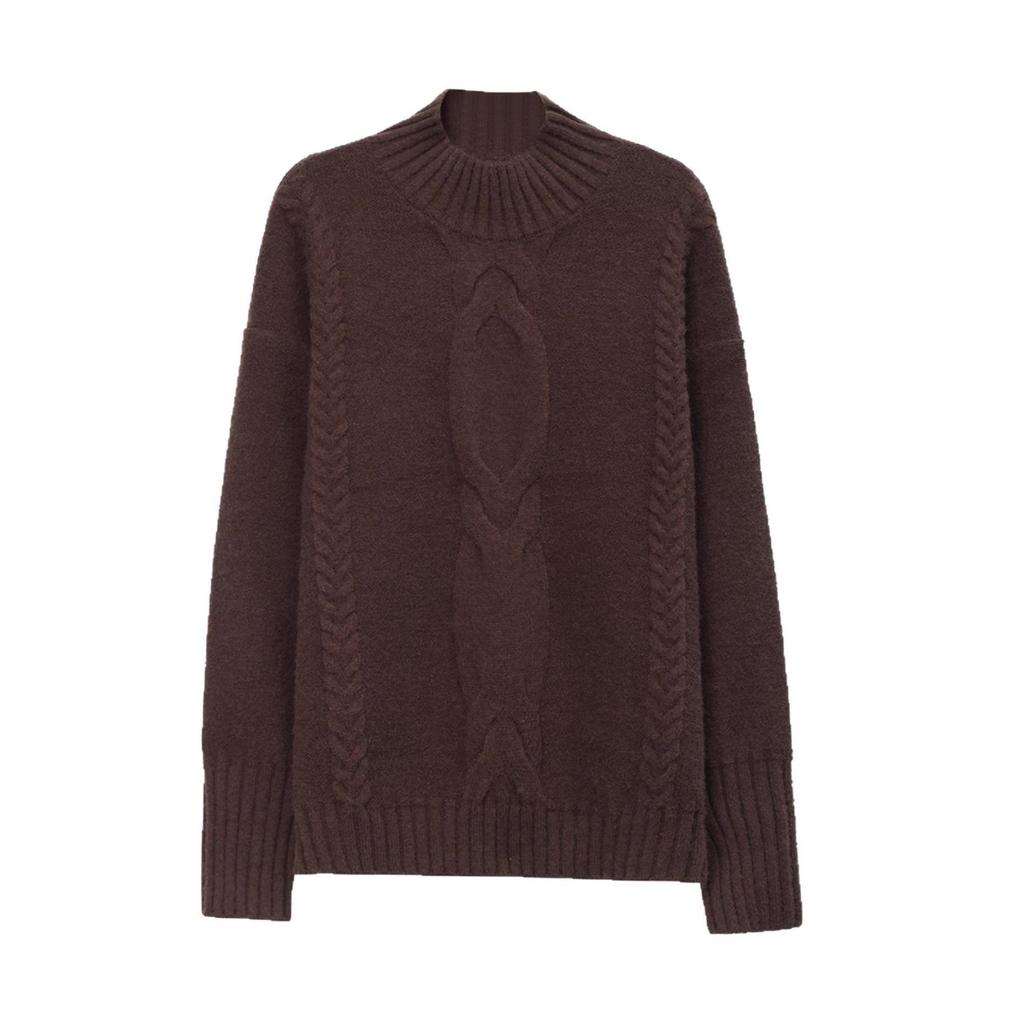 Women's Twisted Cable Knit Sweater - Half-High Neck, Lazy Style, Solid Color, Warm Base Layer for Autumn and Winter.