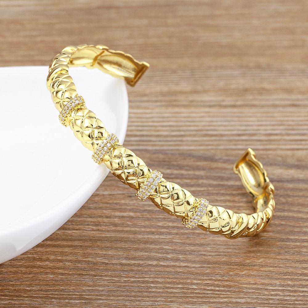 

Nidin Hot Fashion Gold Plated Open Bangle Jewelry for Woman Shine Zircon Charm Adjustable Bracelet Party Wedding Brand Gift 56-58mm