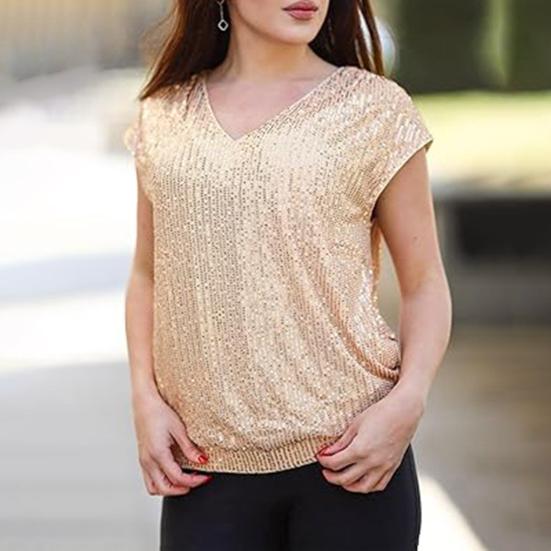 Dame T-skjorte V-hals Ermeløs Glitter Paljett T-skjorte Ensfarget Løs Passform Pullover Topper Hverdagsklær