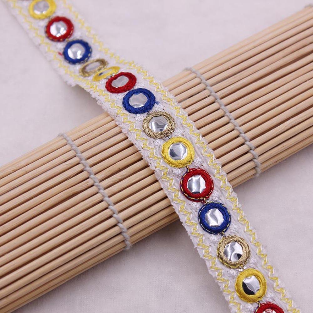 1 yard Handmade Ethnic Mirror Embroidered Webbing Indian Lace Trim DIY Sewing Net Yarn Ribbons Clothing Decorative
