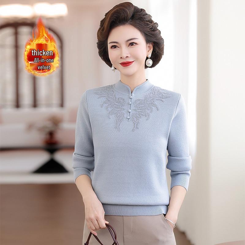 Mom's 2025 Autumn Chinese Style Sweater for Middle-Aged Women, Warm Velvet Knit, Age-Reducing for Winter/Autumn