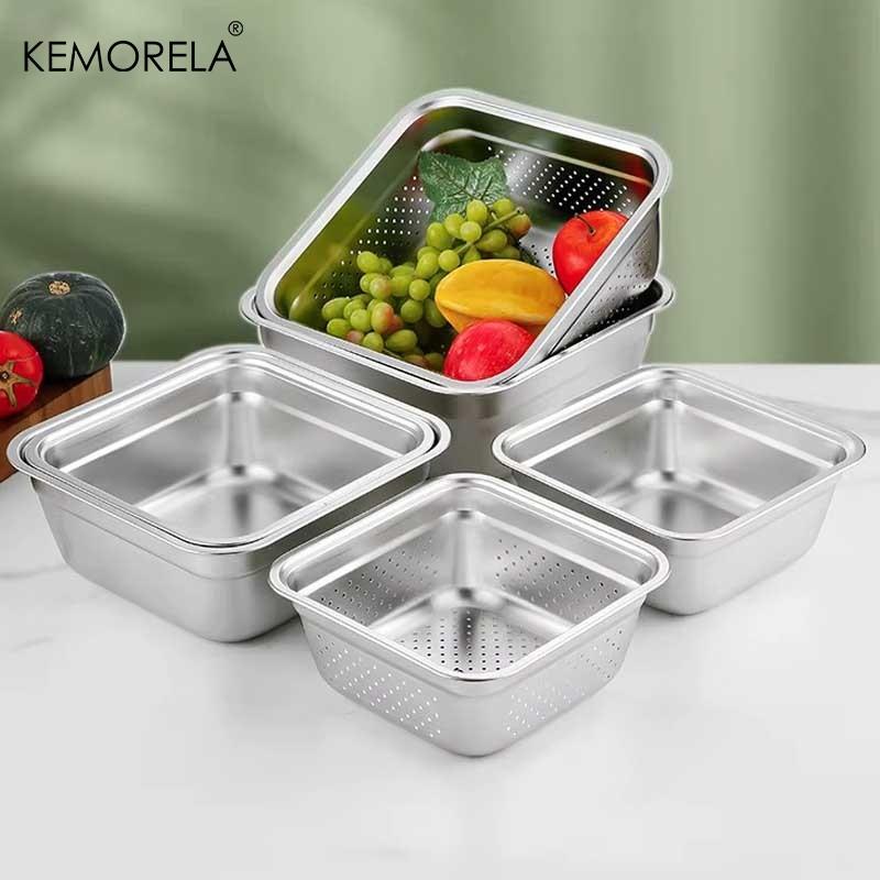 Multifunktionell Köksvask i Rostfritt Stål Durkslag Fyrkantig Bassäng för Att Tvätta Ris Dränera Grönsaker & Blötlägga Frukt 2-i-1