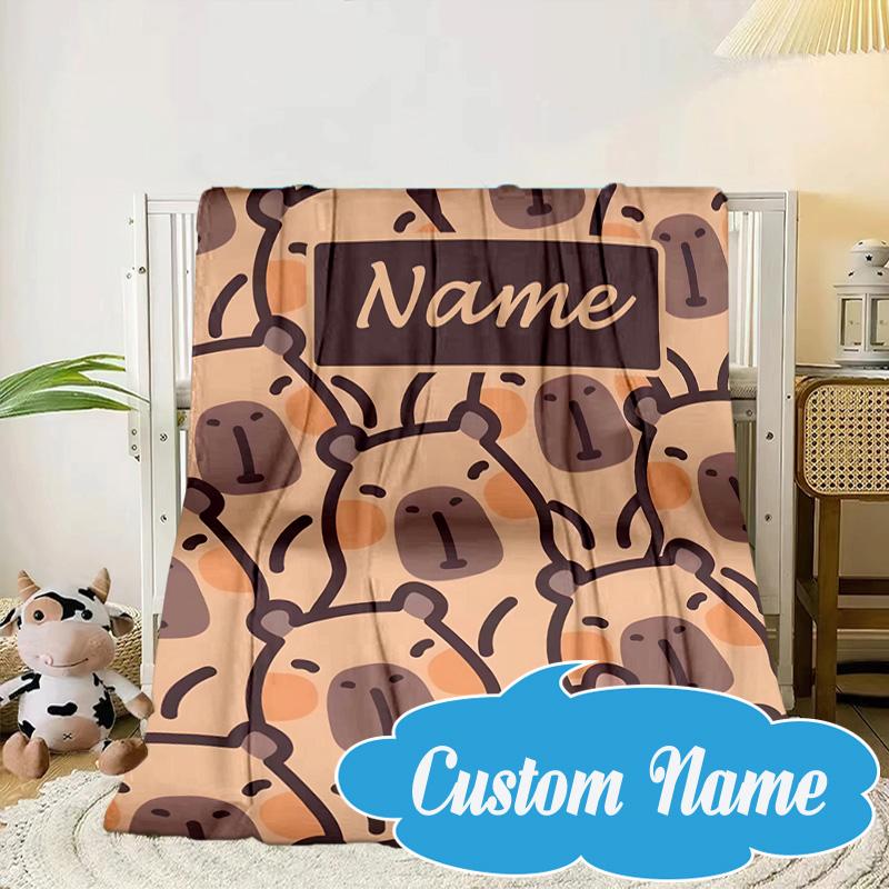 Custom Name Kapibala Blanket bed sofa Blanket Flannel Blanket for Camping, Hiking, Picnic Essentials,gift for Fan family