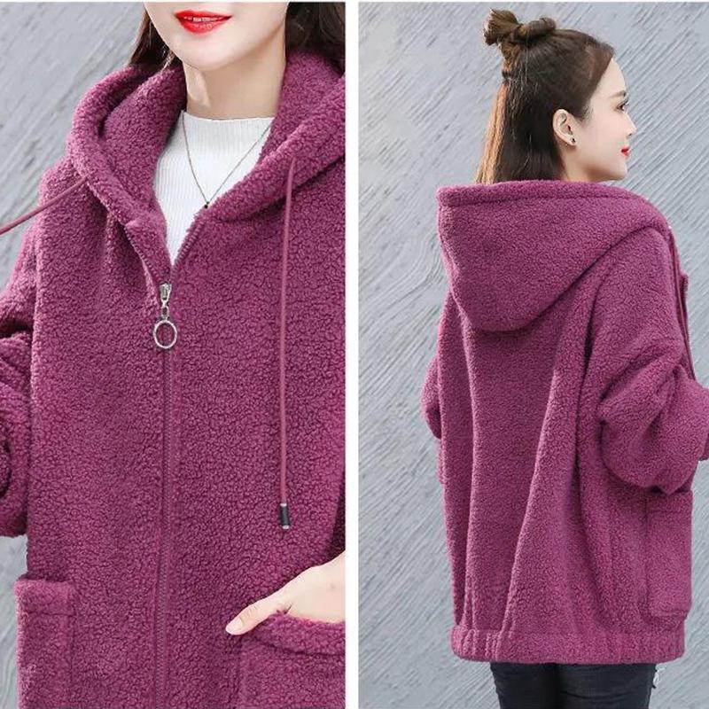 Modische Damen Oberbekleidung aus Imitat-Lammwolle, Lockerer Hoodie im koreanischen Stil für Frühling und Herbst, Plüsch-Oberbekleidung für Damen, Freizeit-Oberbekleidung