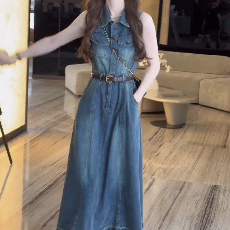 2026 Summer Retro Hong Kong Style Sleeveless Lapel Denim Dress with Waist-Slimming Design