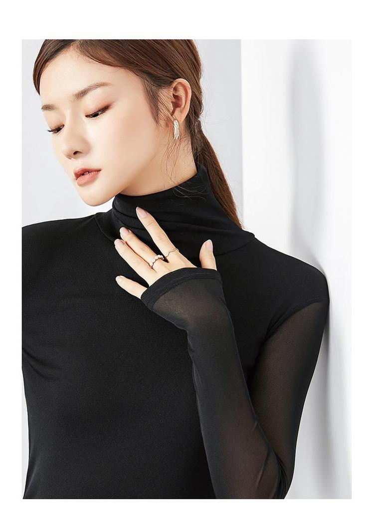Women's Velvet Mesh High-Neck Base Layer: Long-Sleeve, Solid Color, Slim Fit for Autumn/Winter 2023