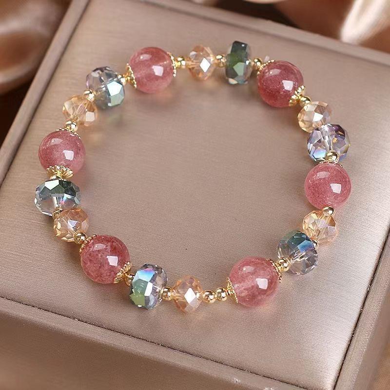 Natural Strawberry Crystal Bracelets For Women Light Luxury Pink String Beaded Elastic Bangles Party Jewelry Gift