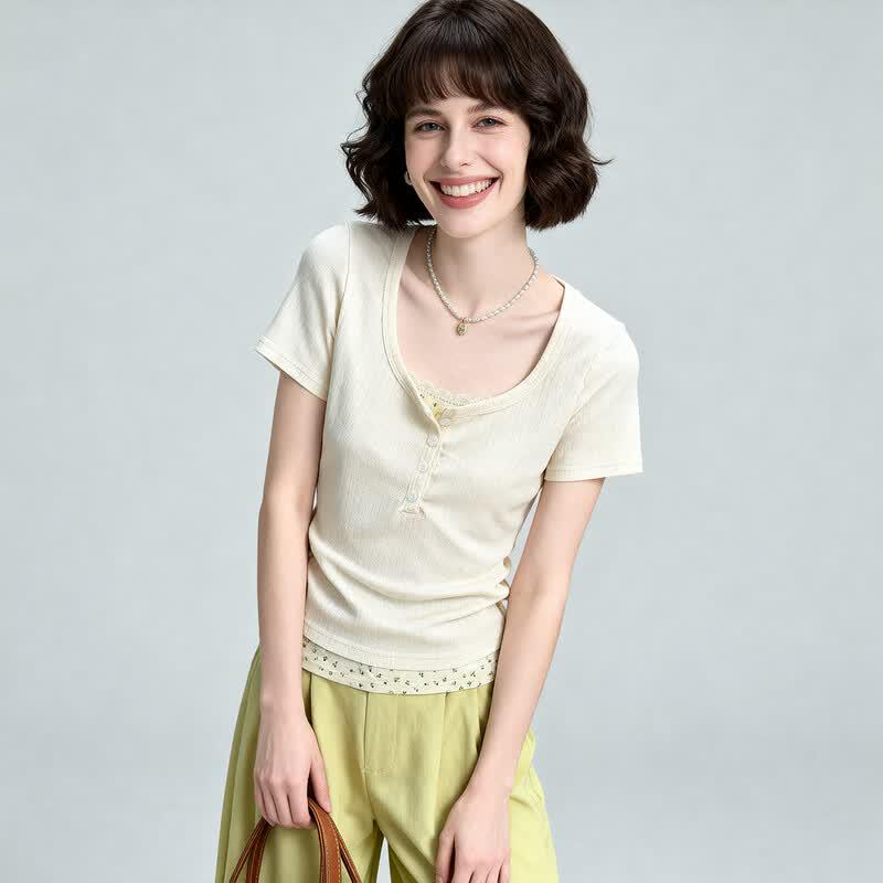 ENC Women s Faux Layered Striped Short Sleeve T-Shirt L