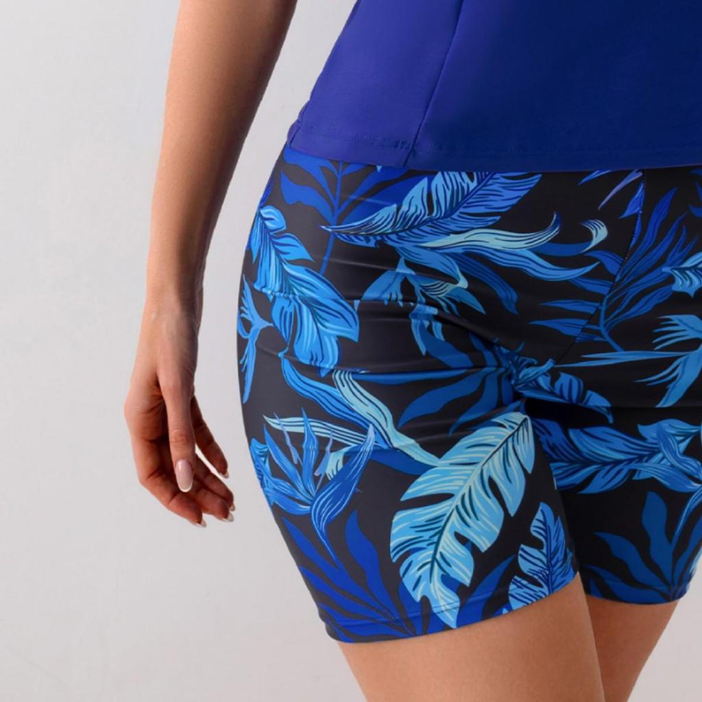 Women's Slimming Tummy Control Short Sleeve Tankini Swimsuit with Solid Color and Print Patchwork