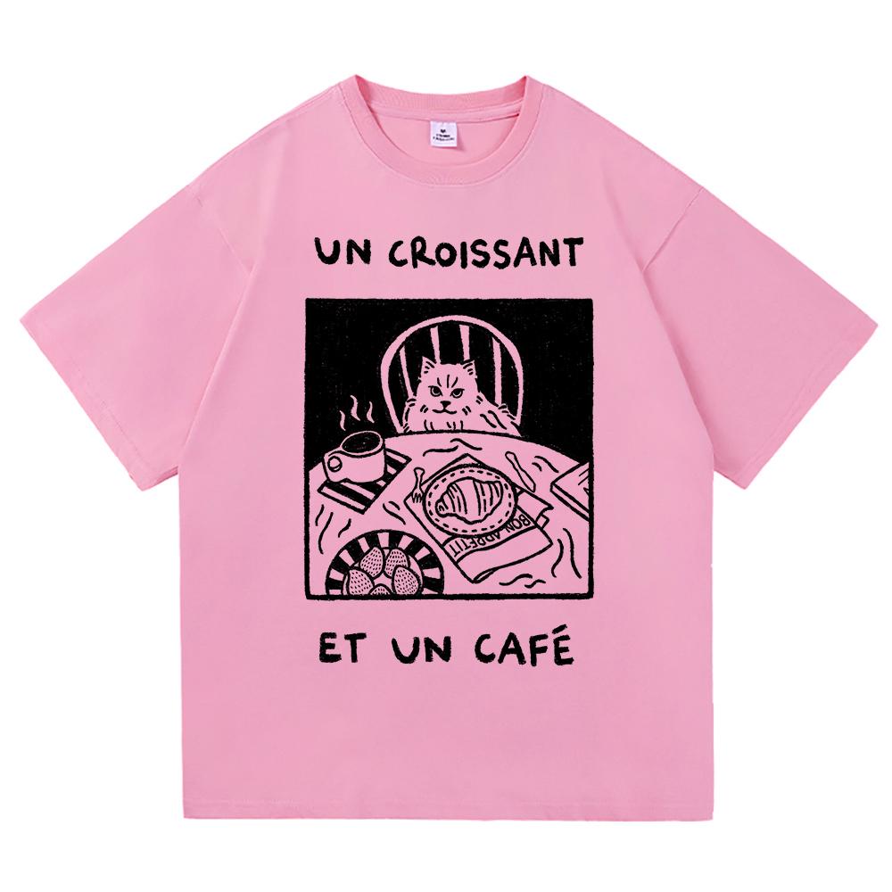 Vintage French Cafe Cat T Shirt Fashion Men/Women Funny Letter Un Croissant Et Un Cafe T-Shirt High Quality Cotton Tees Shirts