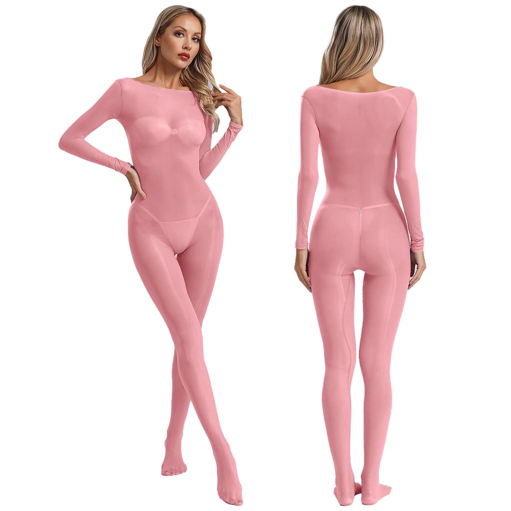Womens See Through Elastic Footed Bodysuit Long Sleeve Silky Jumpsuit