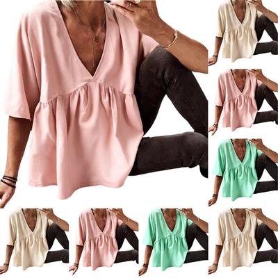 Ladies' Casual Loose And Fashionable  Short Sleeved V-neck Pullover Top