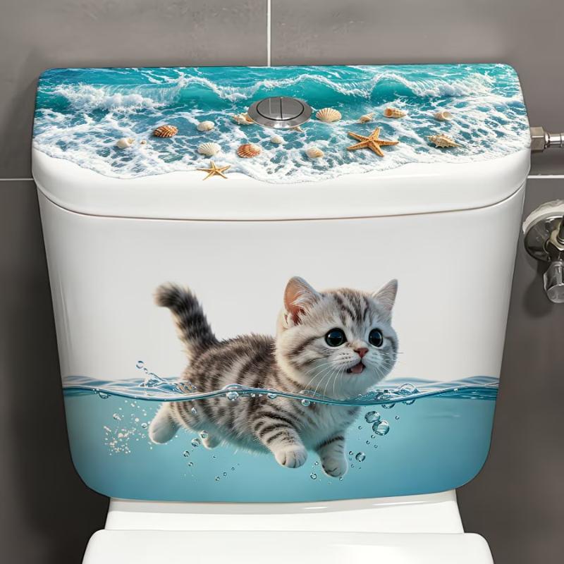 Cute Swimming Cat Toilet Sticker Waterproof Self-Adhesive Non-Toxic Vinyl Decal Safe for Kids Bathroom Wall Decor