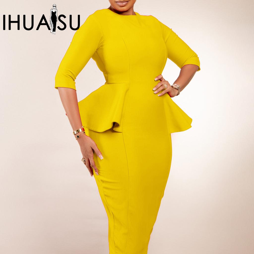 IHUASU Women's Spring Solid Color Round Neck Ruffled Edge Round Hip OL 3/4 Sleeves O-Neck High Waist Dress