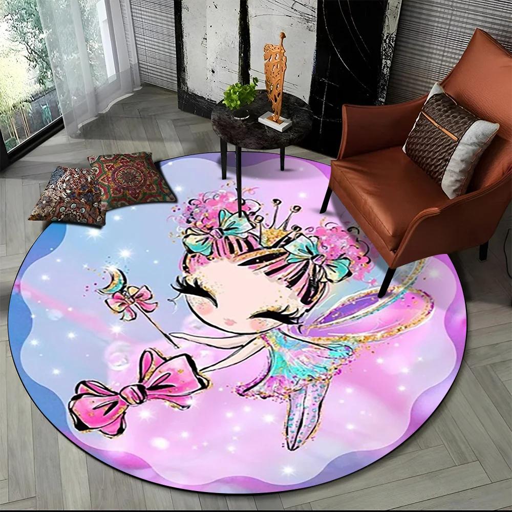 Cartoon Ballet Girl Round Carpet Fairy Ballerina Unicorn Rug for Living Room Bedroom Child Room Decor Doormat Non-slip Floor Mat