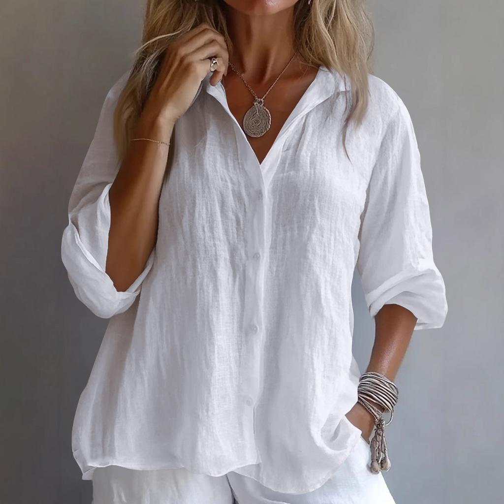 Ladies Fashion Solid Color Linen Long Sleeve Casual Shirt