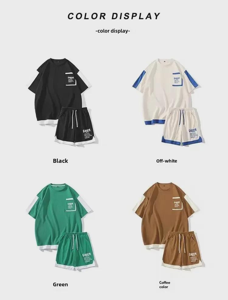 Trendy Korean Hip-Hop Men's Summer Waffle Print Five-Point Sleeve Top