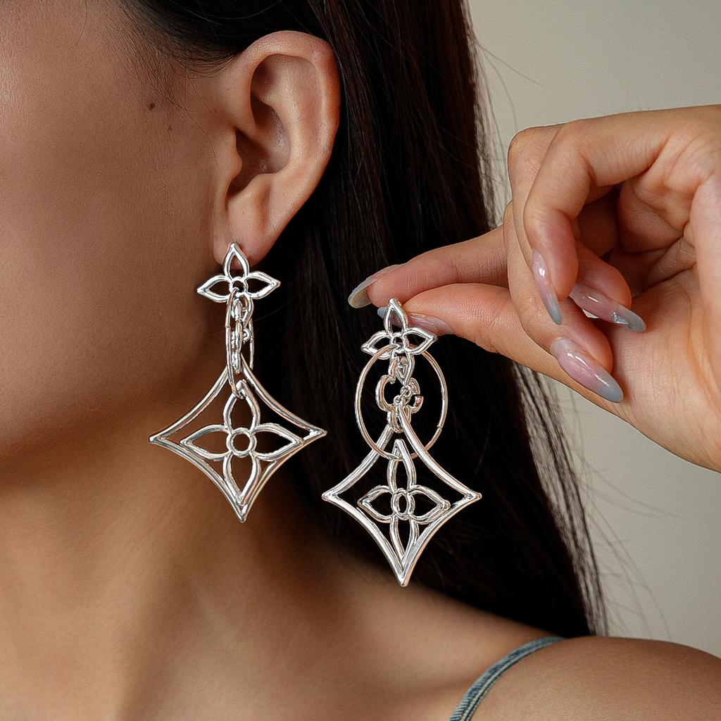 18K Real Gold Electroplated Hollow Flower Rhombus Silver Needle Earrings Cold Wind Niche Earrings