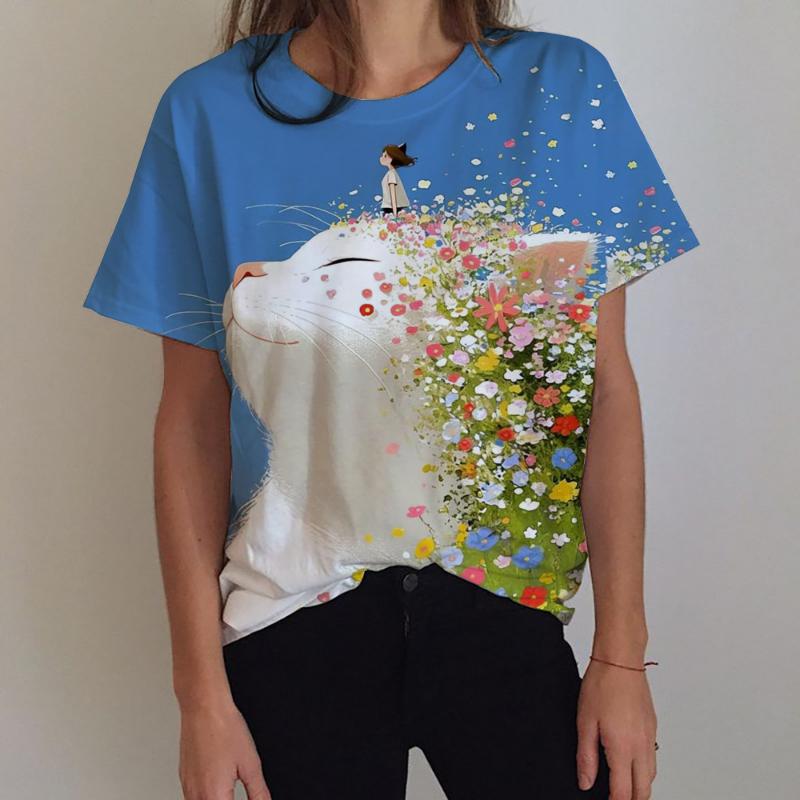 T-shirt da donna a fiori stampata in 3D con motivo gatto a maniche corte moda estiva street girocollo top t-shirt larga Harajuku
