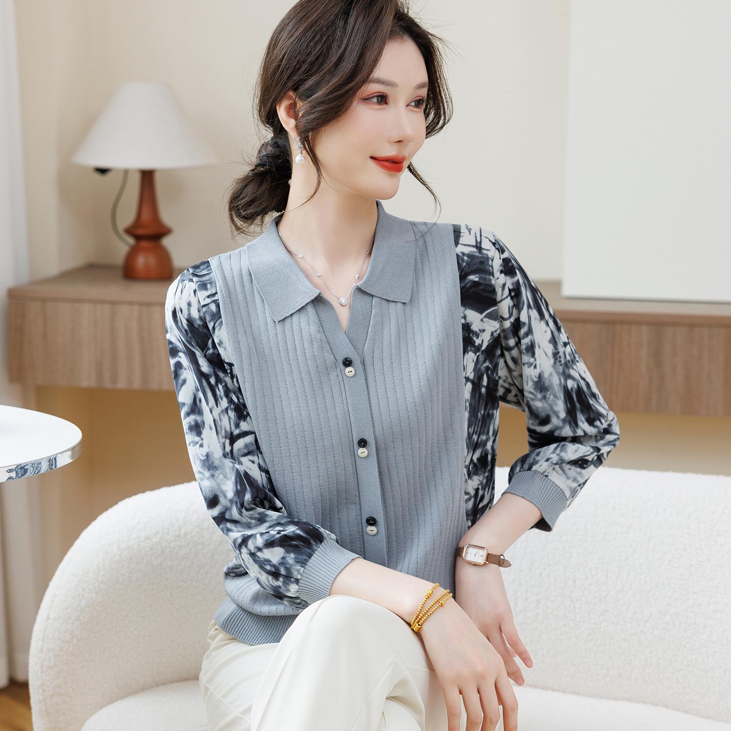 

2026 Stylish Spring Knit Top for Middle-Aged & Elderly Women with Printed Gauze Sleeves 2XL [125-140 lbs]