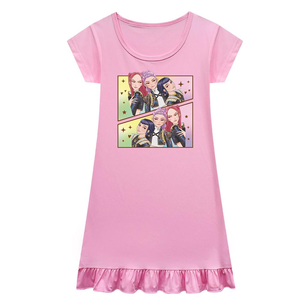 Kids Girls Anime Cartoon K-POP Rumi Print Pleat Short Sleeve Casual Round Neck Dress