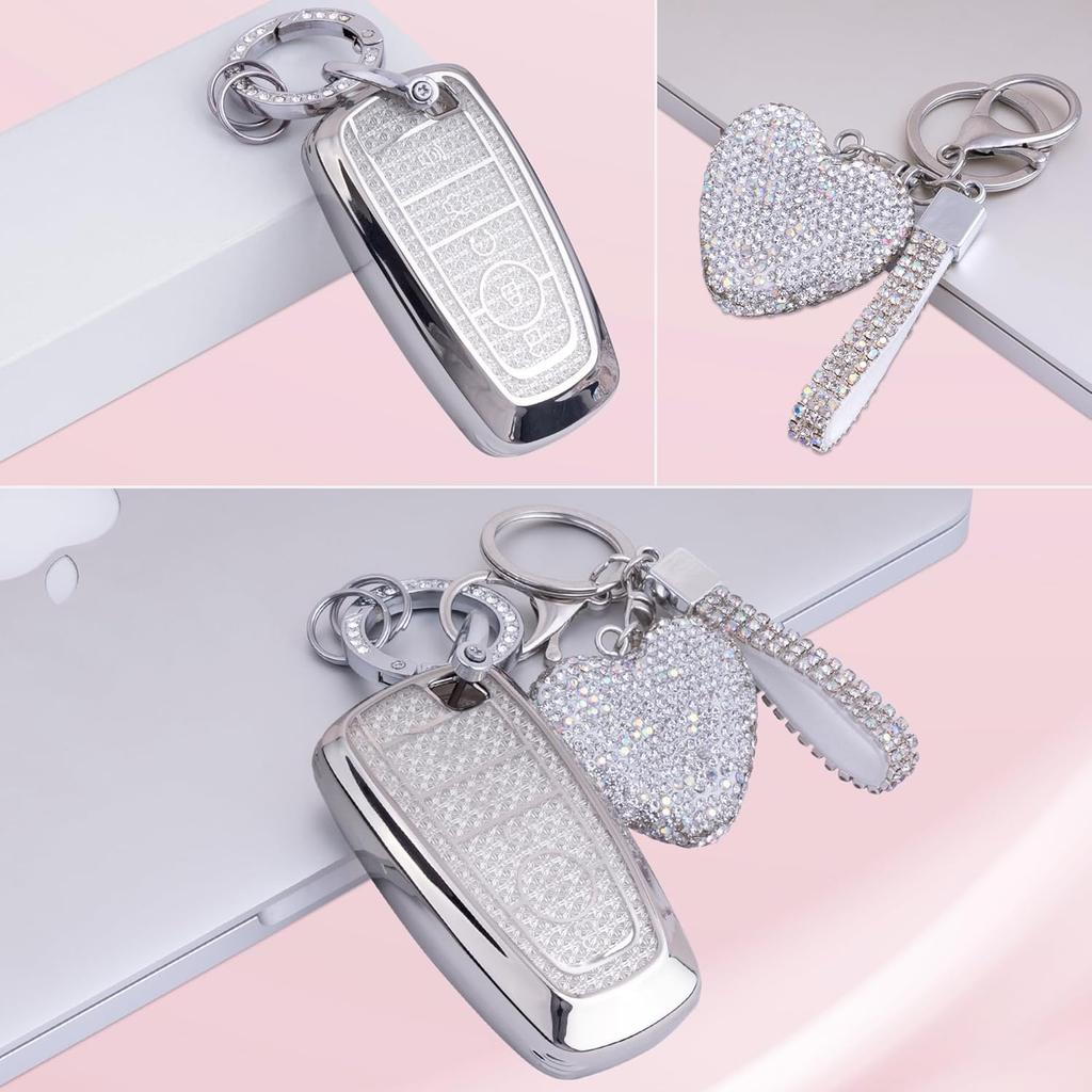 for Ford key fob cover with Diamond Bling Keychain, Car Accessories Shell for Explorer Fusion Escape Edge Expedition Bronco F150 F250 F350 F450 F550