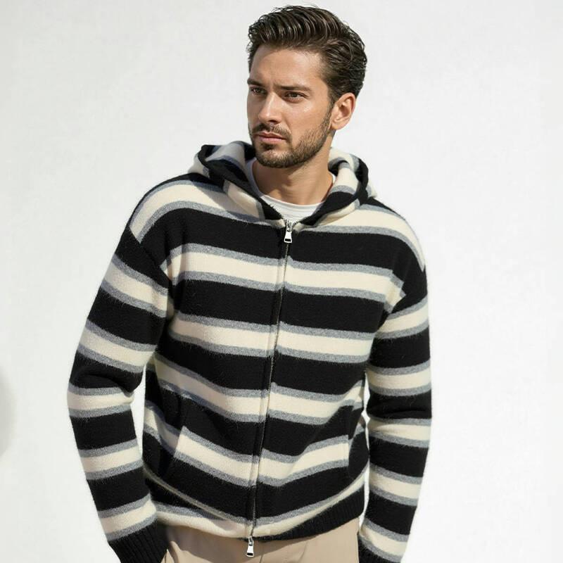 

Autumn And Winter Men S Striped Hooded Sweater Fashion Casual Zipper Thickened Knitted Sweater Jacket L