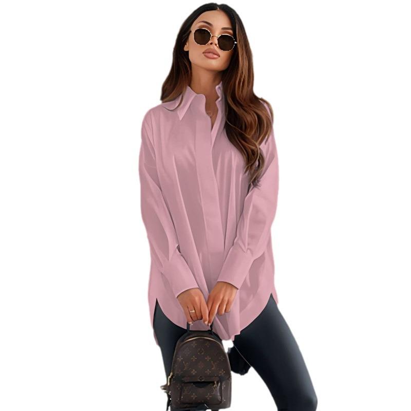 Women's Casual Versatile Solid Color Split Long-Sleeve Loose Shirt