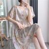 Cotton and silk nightgown women's summer thin short-sleeved cartoon printed pajamas can be worn outside long large size loose knee pajamas