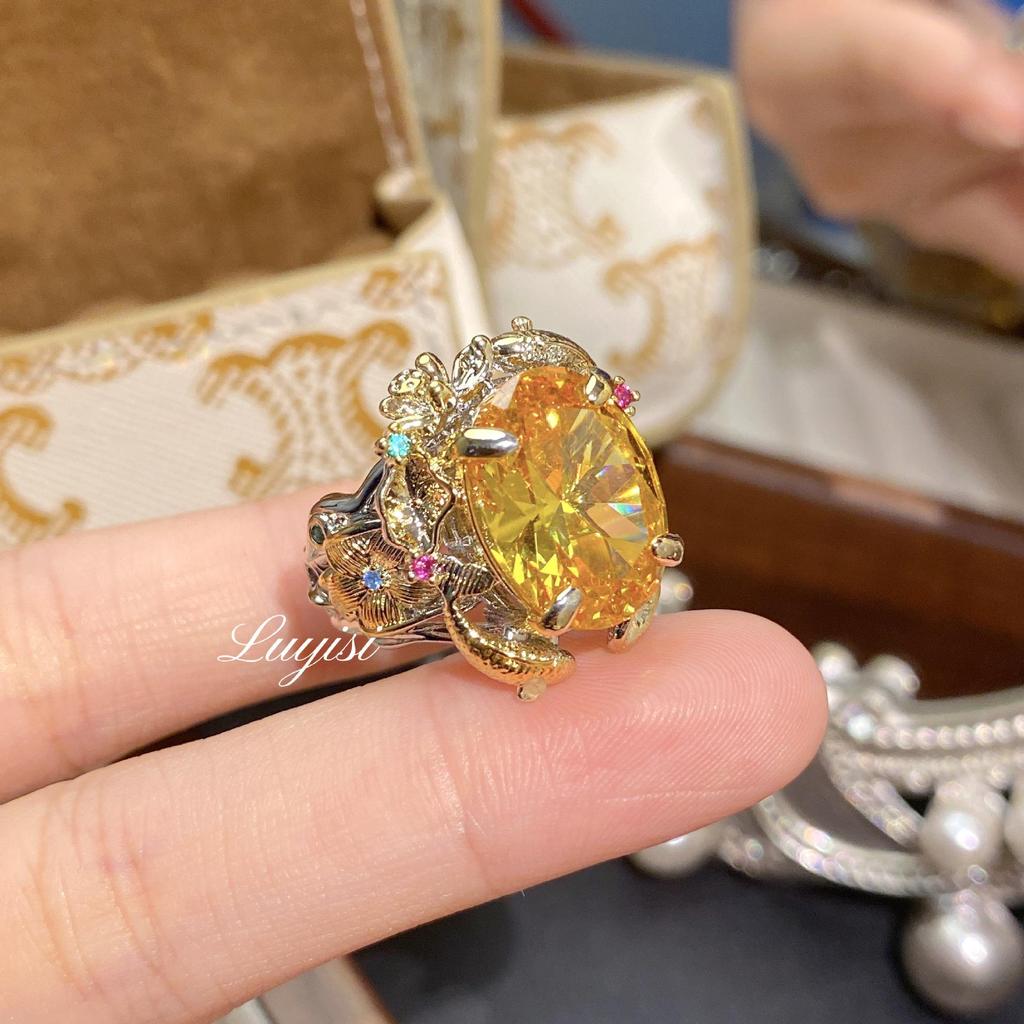 Retro French Court Style Pisces Lotus Pendant & Earrings Set with Yellow Diamond & Color Gem Ring for Women