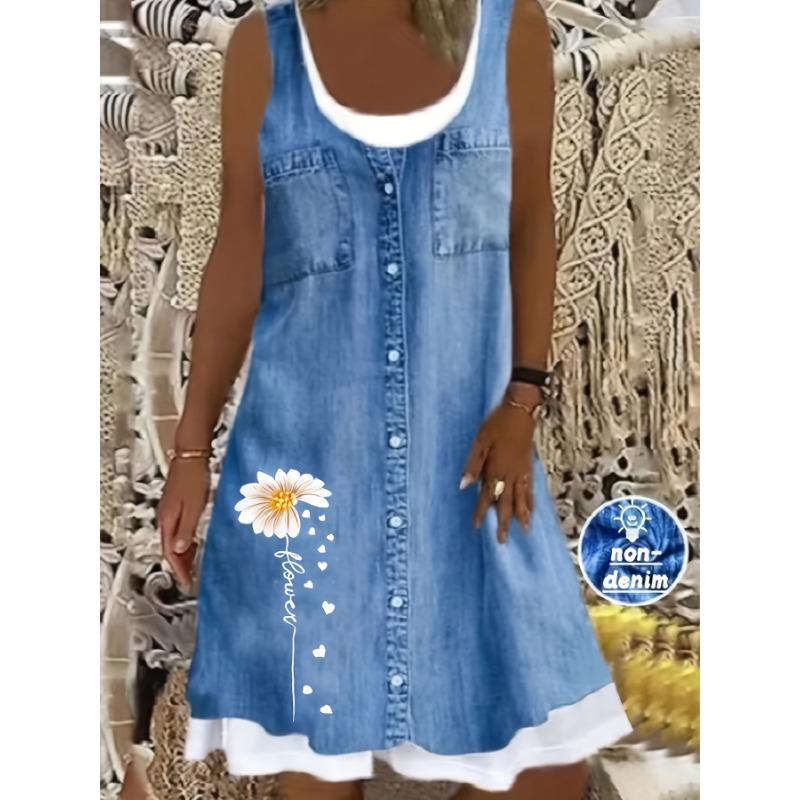 3D Printed Floral Round Neck Sleeveless Knee Length Blue Imitation Denim Women's Plus Size Dress