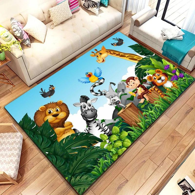 Dzikie Zwierzę Kreskówkowe Dywanik Obszarowy, Dywan ze Zwierzętami Safari Afrykańskiego dla Dzieci, Dekoracja Pokoju Kawaii, Mata Wejściowa, Mata Podłogowa Dzikie Zwierzęta Dżungli